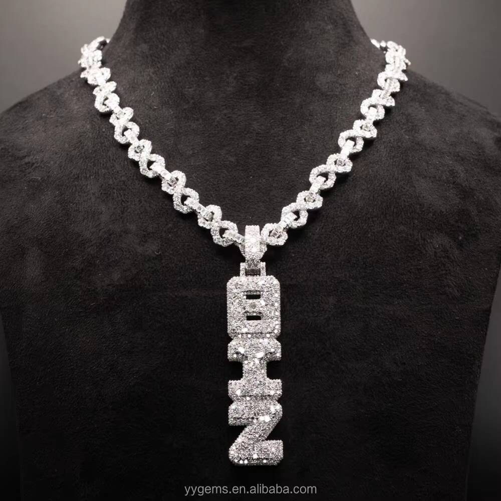 Custom Letters Long Pendant Baguette Moissanite 925 Sterling Silver Gold Plate Hip Hop Fashion Vertical Pendant Necklace Men