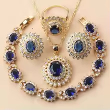 African 18K Gold Plated Bridal Costume Necklace And Earrings Blue Cubic Zirconia Jewelry Sets For Women Luxury Wedding