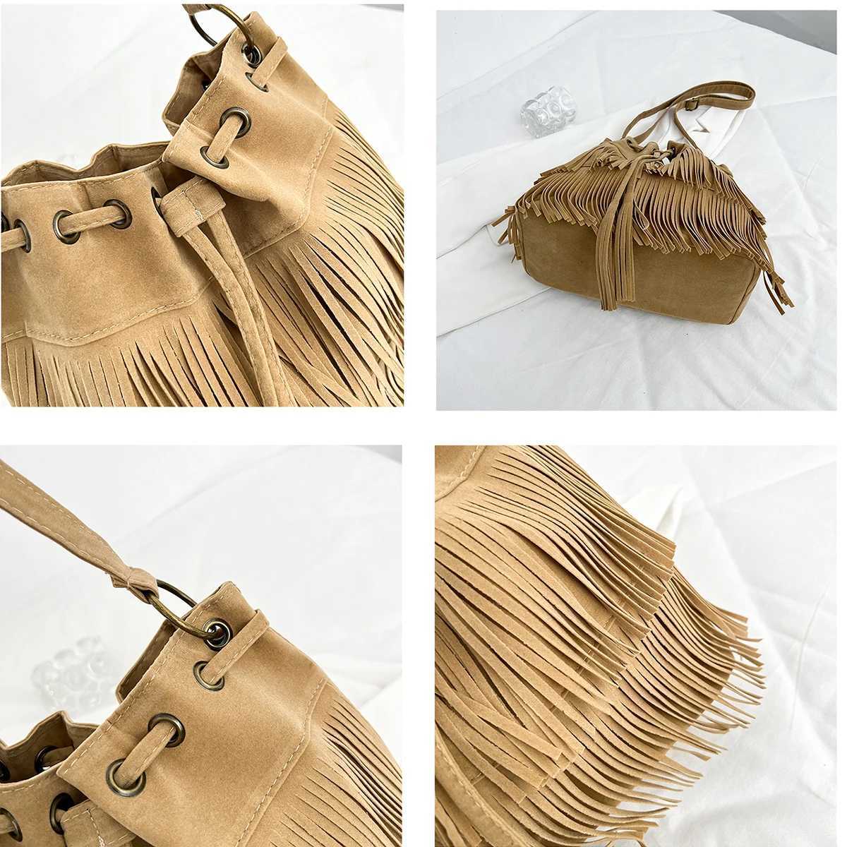 Women Tassel Decoration Bucket Bag Quilted Lint Handbag with Drawstring Magnetic Closure for Daily Essentials Shoulder Bag Z250903
