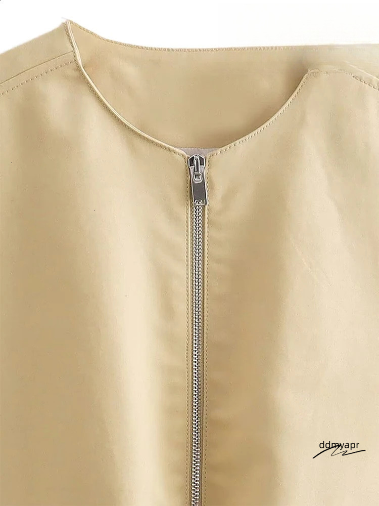 Womens Elegant Sleeveless ddmydec Round Neck Zip Waistcoat Pocket Decorative Loose Khaki Jacket Comfortable Leisure Womens Vests 240826