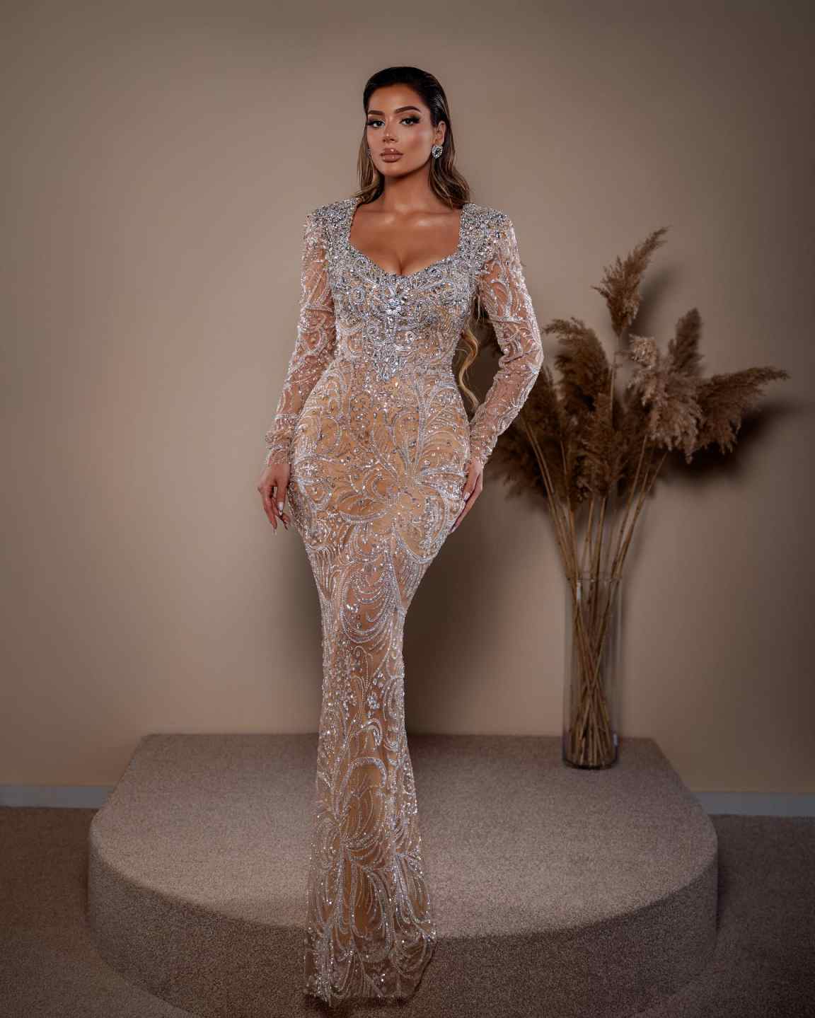 Sexy Crystal Sequined Mermaid Evening Gown Elegant Full Sleeve Lace Prom Dress Floor Length Party Gown Customized