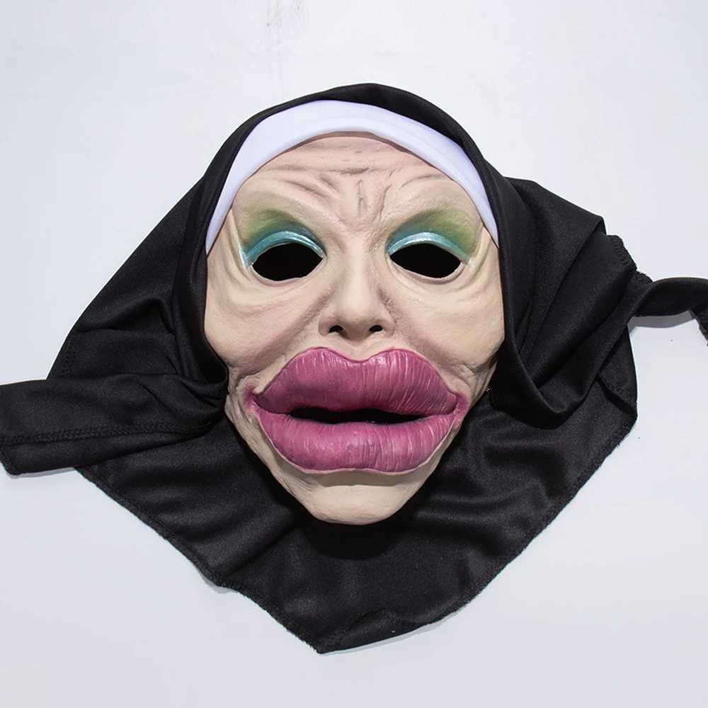 Funny Sexy Big Lips Nun Mask Cosplay Full Head Masks with Headscarf Halloween Carnival Party Costume PropsXJ250905