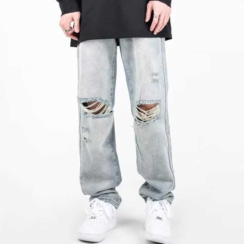 Summer Mens Ripped Jeans Blue Loose Fit Hole Wideleg Pants Casual Fashion Trousers Streetwear High quality Denim Man Clothing W250905
