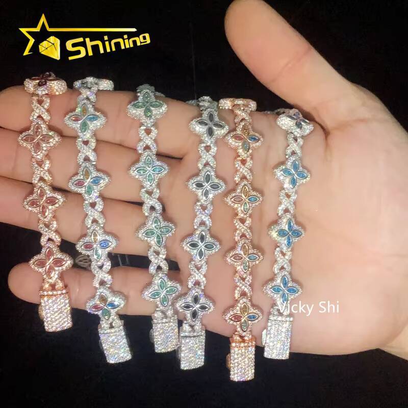 Hot Selling 15MM 925 Sterling Silver Cuban Clover Bracelets Iced Out Hip Hop Infinity Colored Moissanite Cuban Bracelet