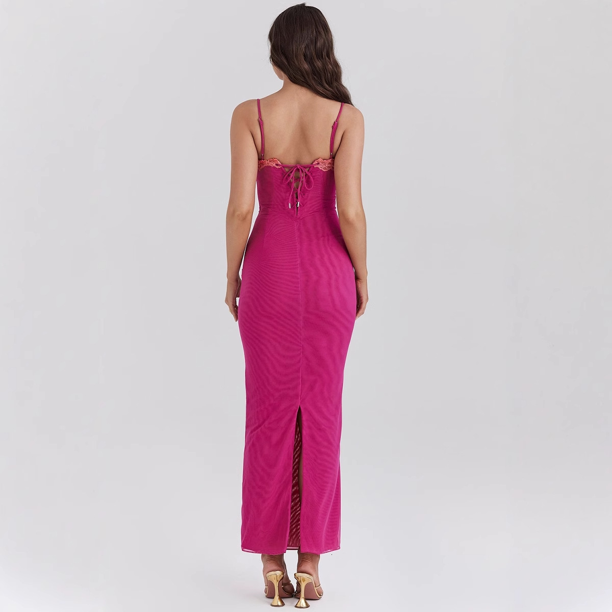 Womens New Lace Trim Strapless Long Dress Hot Girl Fashion Spaghetti Strap Vacation Style Dress for Women