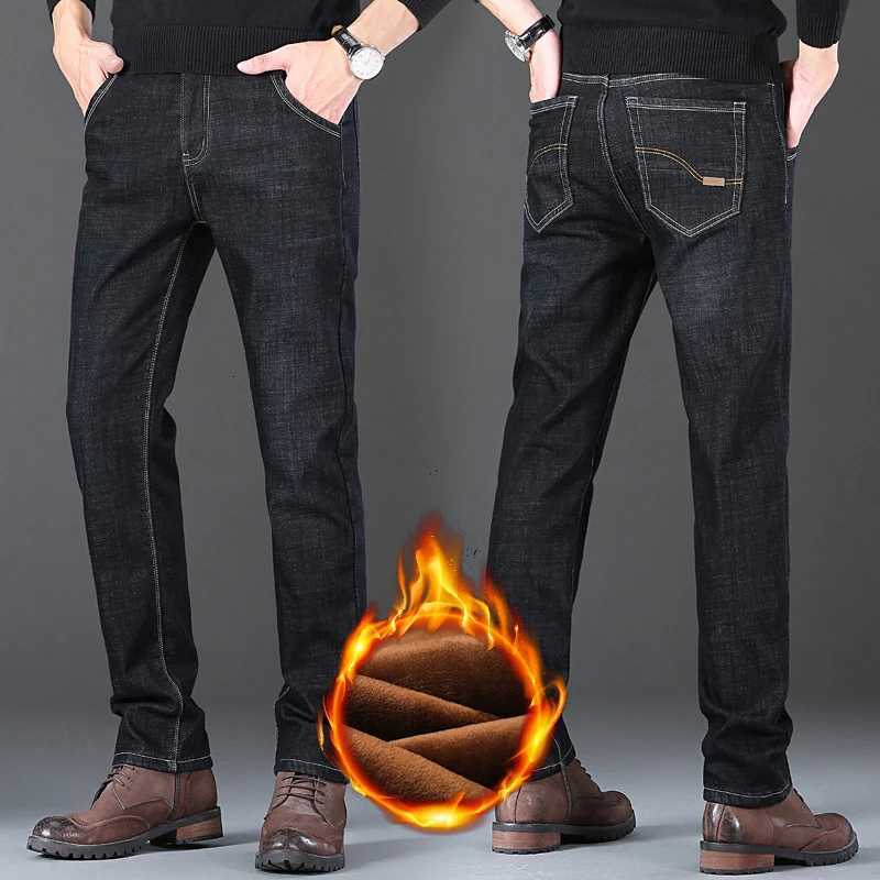 Winter New Mens Fleece Warm Jeans Slim Stretch Fashion Casual Denim Pants Classic Thickened Plush Male Clothing Black Blue W250905