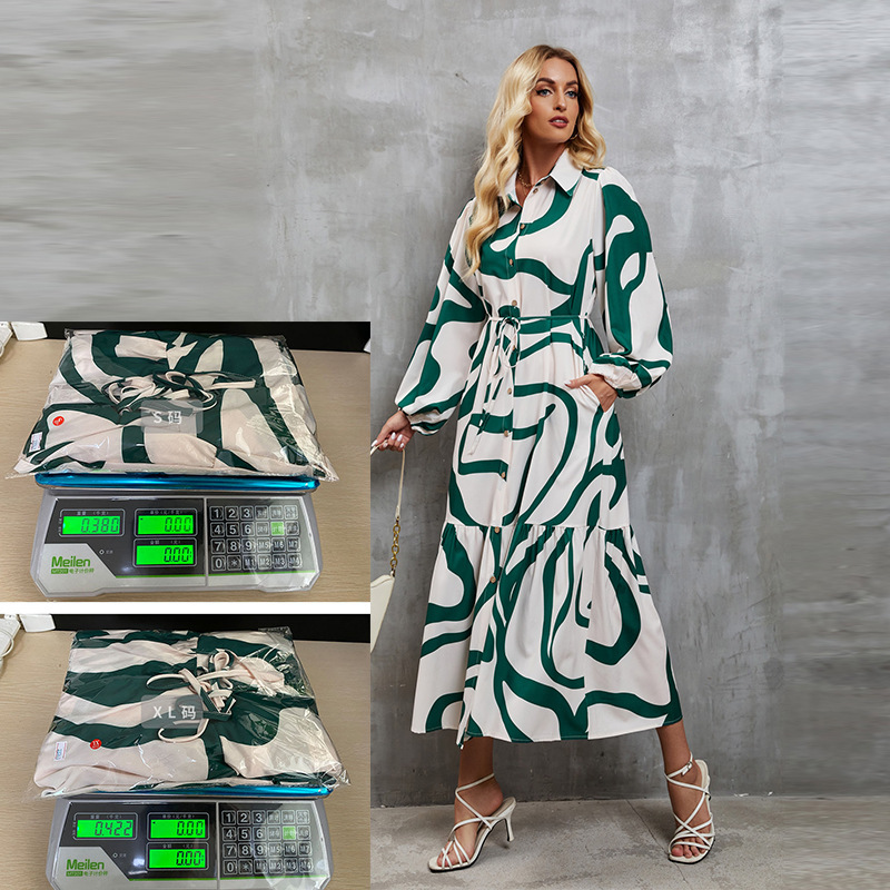 Womens Spring and Autumn Fashion Printed Casual Loose Laceup Shirt Dress