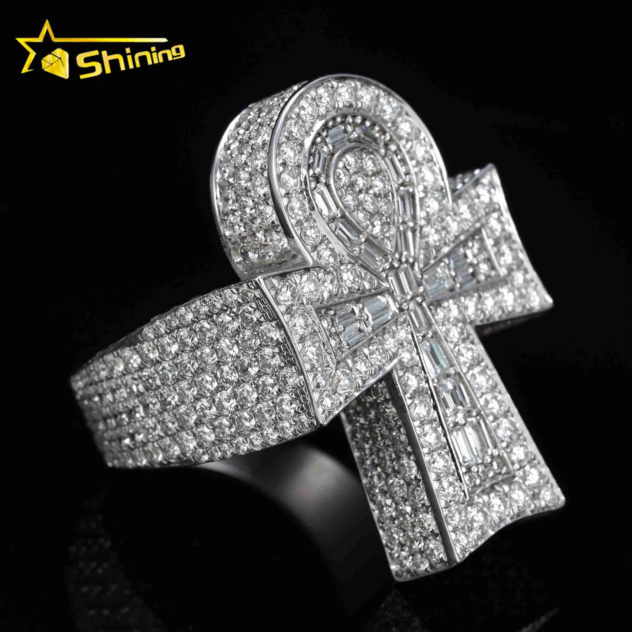925 Sterling Silver VVS1 Lab Grown Diamond Ankh Cross Ring for Men Iced Out