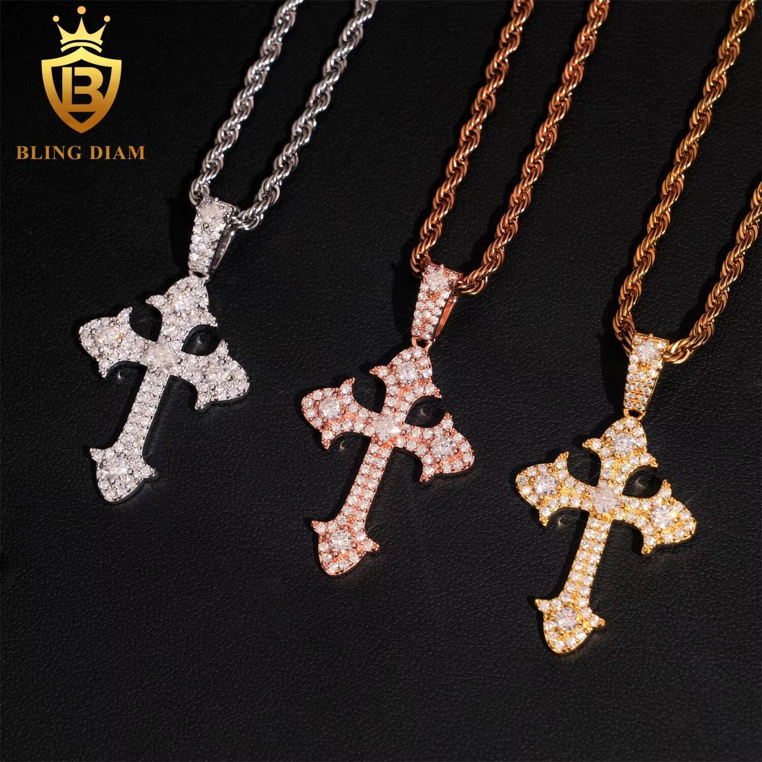 Fashion Jewelry 925 Sterling Silver Gold Plated Moissanite Cross Pendant Custom Hip Hop Iced Out Pendant Necklace Men