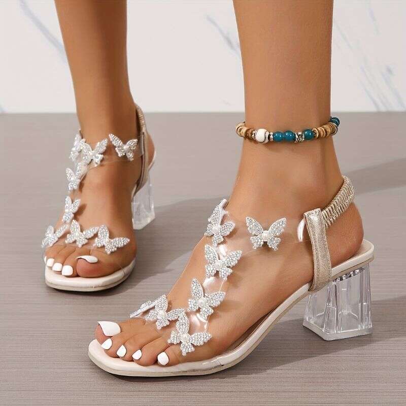 Women's Butterfly Clear Chunky Square Open Toe Elastic Strap Mid Heels, Stylish Slip On Slingback Sandals