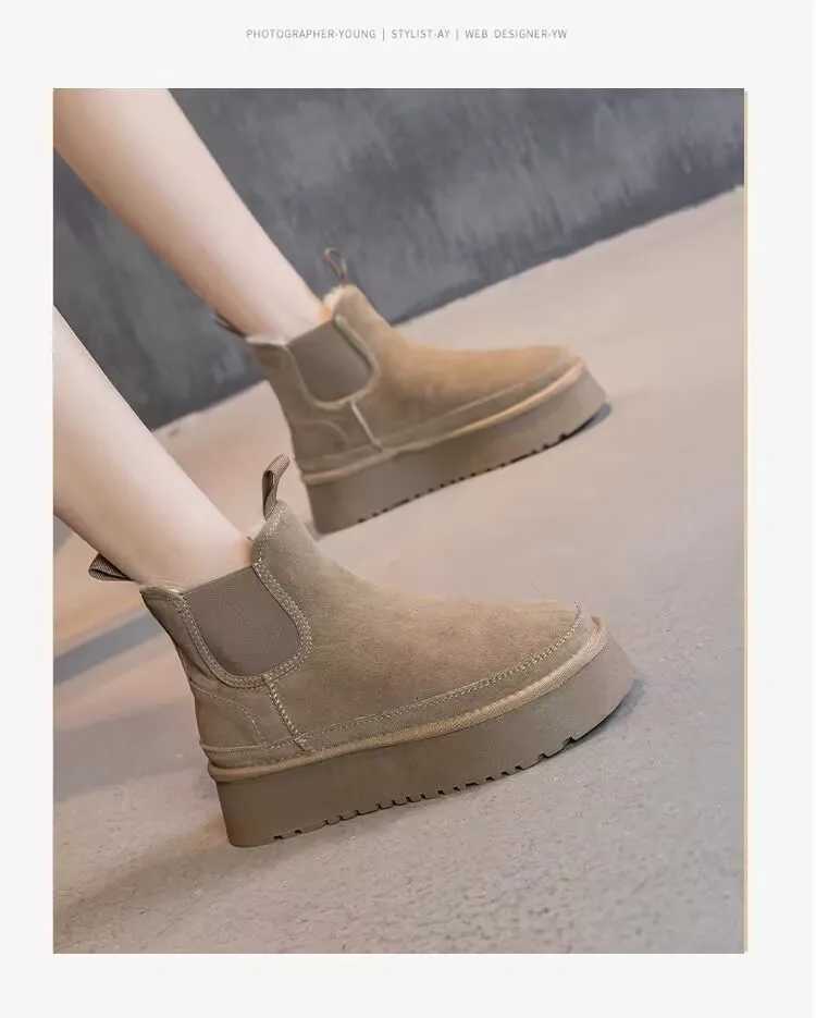 2024 Winter New Leather Thick Sole Chelsea Snow Boots Womens Fashion Allinone Thick Fleece Warm Snow Cotton Shoes L250905