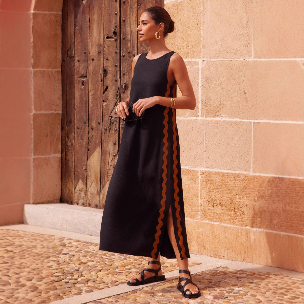 2025 SpringSummer New Casual Fashion Sleeveless Round Neck Solid Color Patchwork Lace Split MidLength Dress for Women