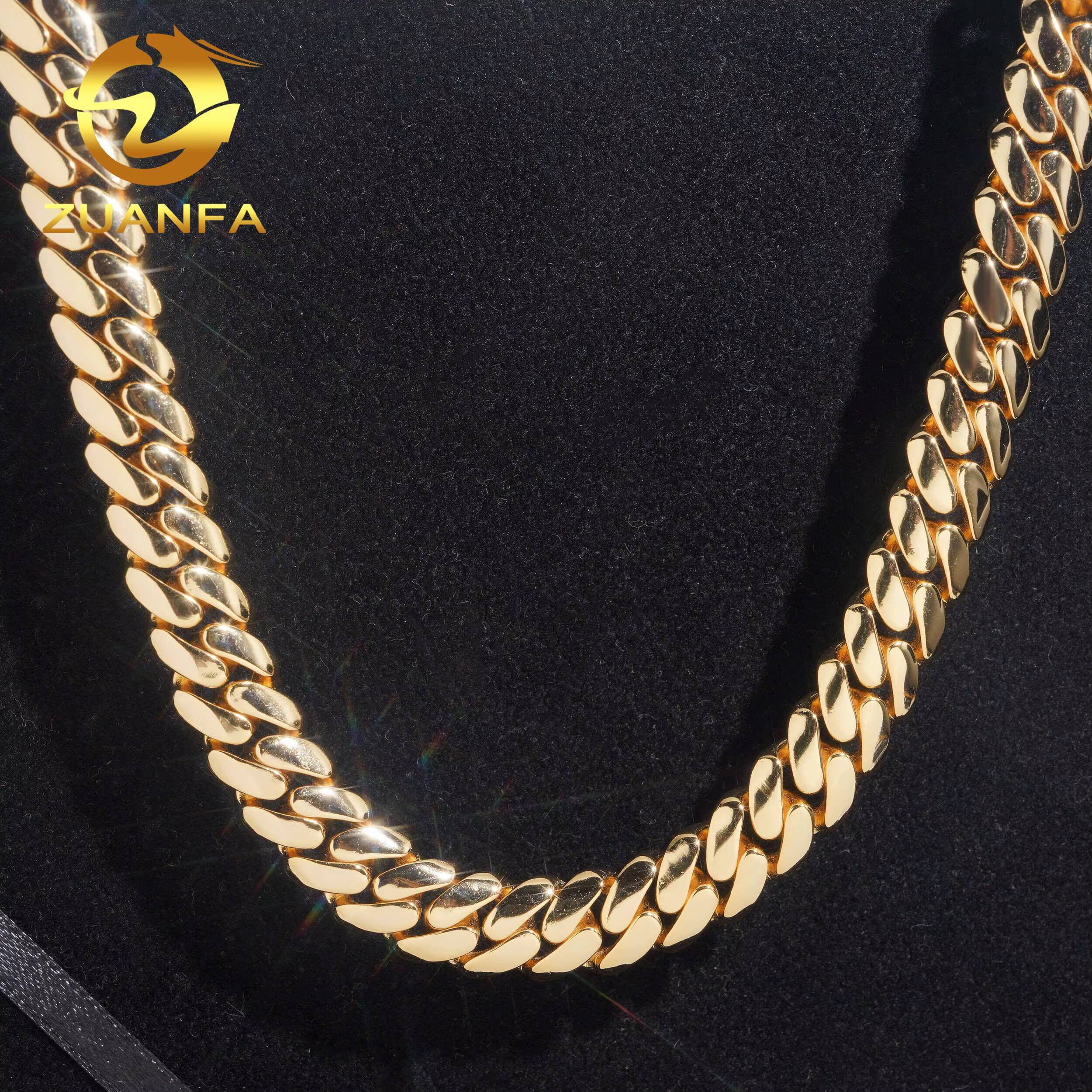 Real Gold Plated 12mm Moissanite Clasp Chain Cuban Links Plain Miami Chain Pass Diamond Tester 925 Cuban Link Chain Necklace