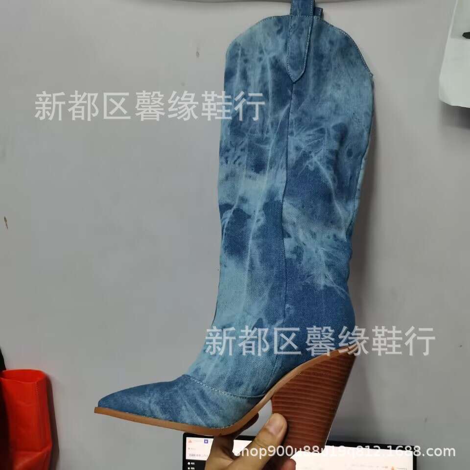 Denim Western Women Knee Thigh High Boots New 2025 Autumn Winter High Heel Cowboy Long Boots Size 43 Slip on Woman Shoes