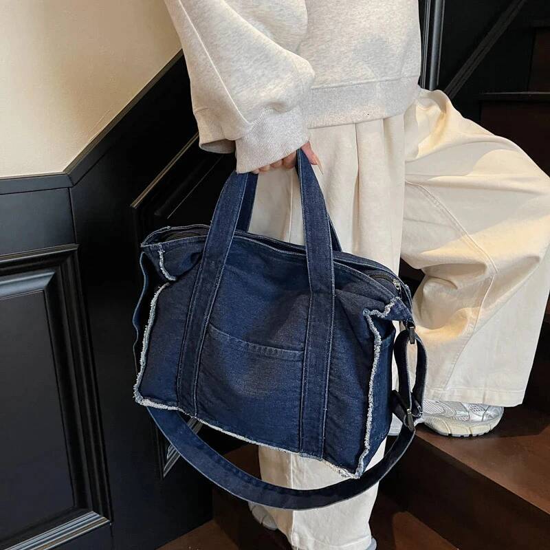 Rivet Decor Design Vintage Denim Women s Handbag Fashion High End Lace up Punk Motorcycle Bag Ladies Large Capacity Travel Bag