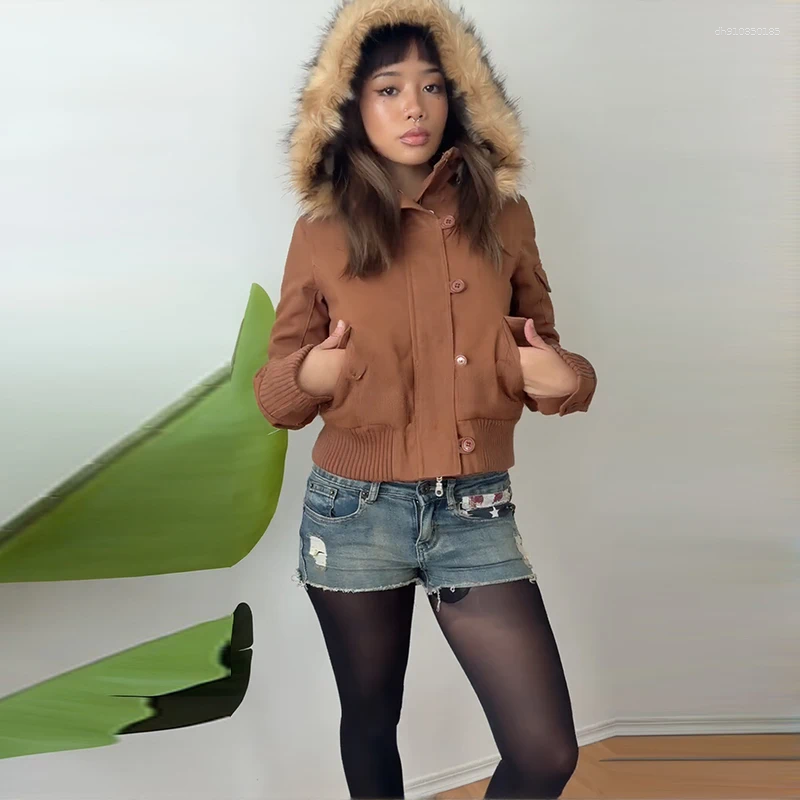 Women's Jackets Fashion Fluffy Hooded Coat Slimming And Sexy Brown Series Street Chic Zipper Single Breasted Long Sleeve Female Coats 2025 Autumn