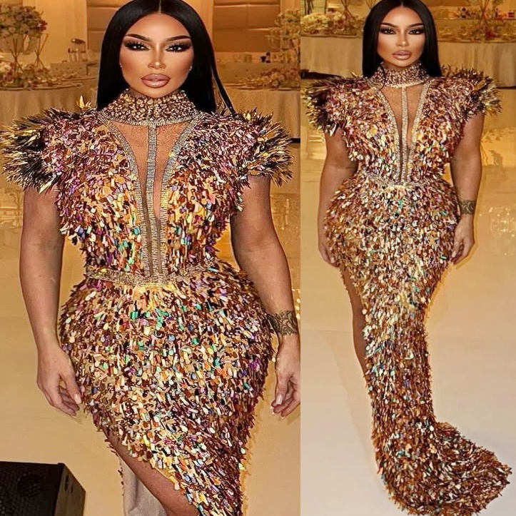Aso Ebi Gold Sheath Prom Dresses 2025 Sequined Crystals High Split Evening Formal Party Second Birthday Engagement Gowns Plus Size Dress For Special O