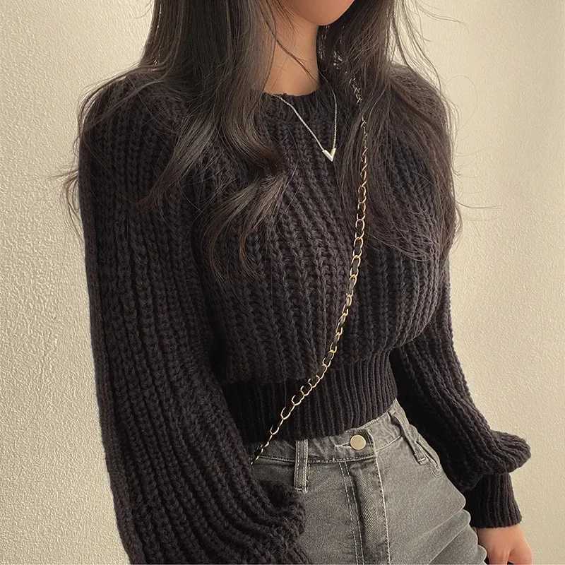 Autumn Winter New Niche Versatile Round Neck Sweater Womens Loose Fit Casual WaistFitted Petite Cropped Knit Top Trendy Z250905