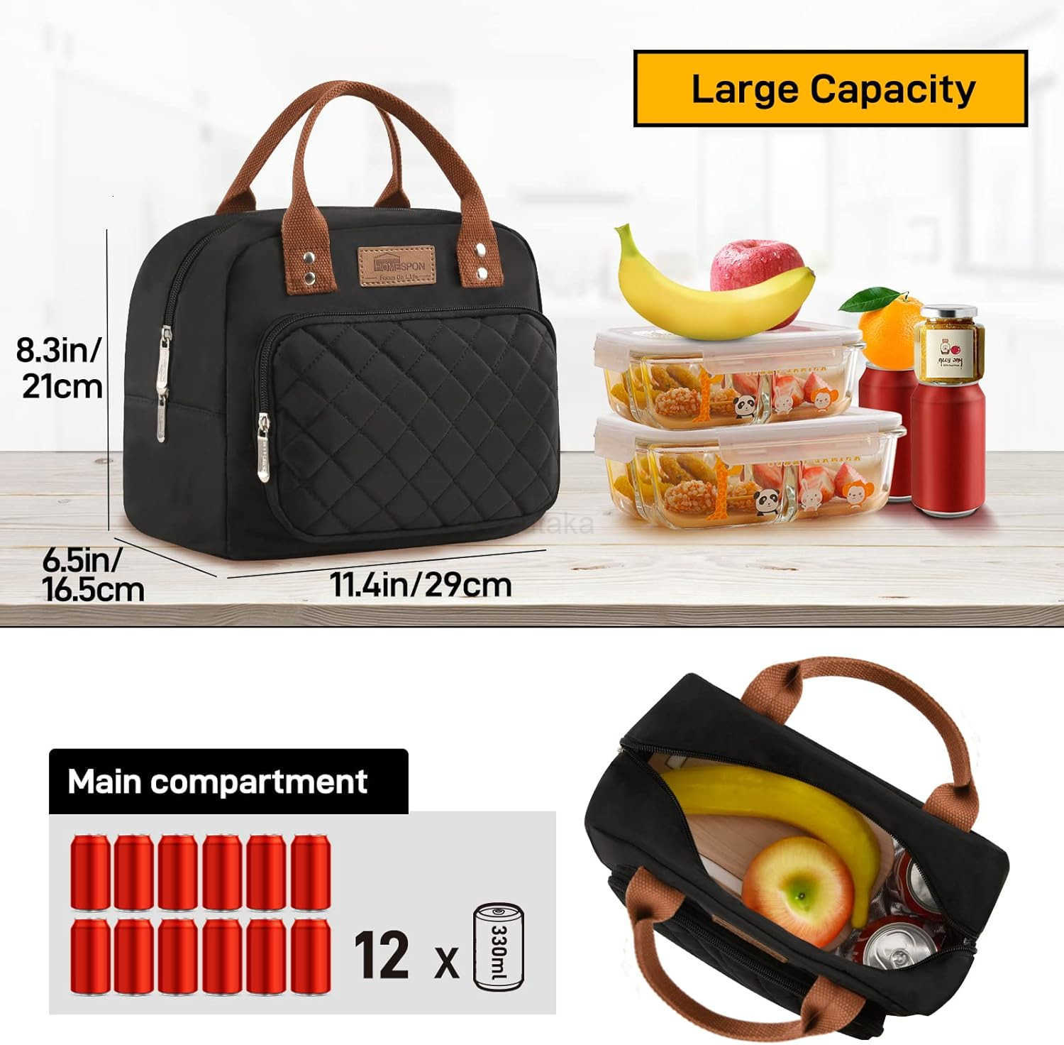Lunch Bag for Woman Man Adults with Front Pocket Insulated Lunch Tote Lunch Box Container for Work Picnic or TravelBlack M250905