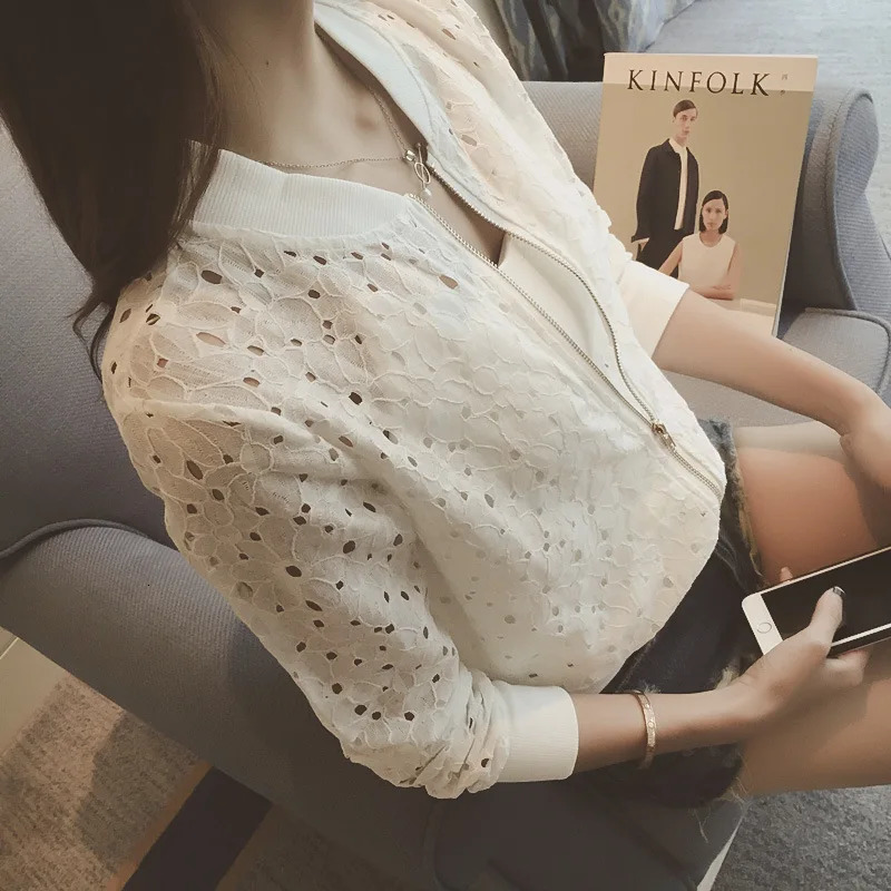 Women SpringAutumn Cotton Lace Hollow Out Sport Jacket Long Sleeve Thin Sunscreen Outerwear Short Style Breathable Bomber Coats250905