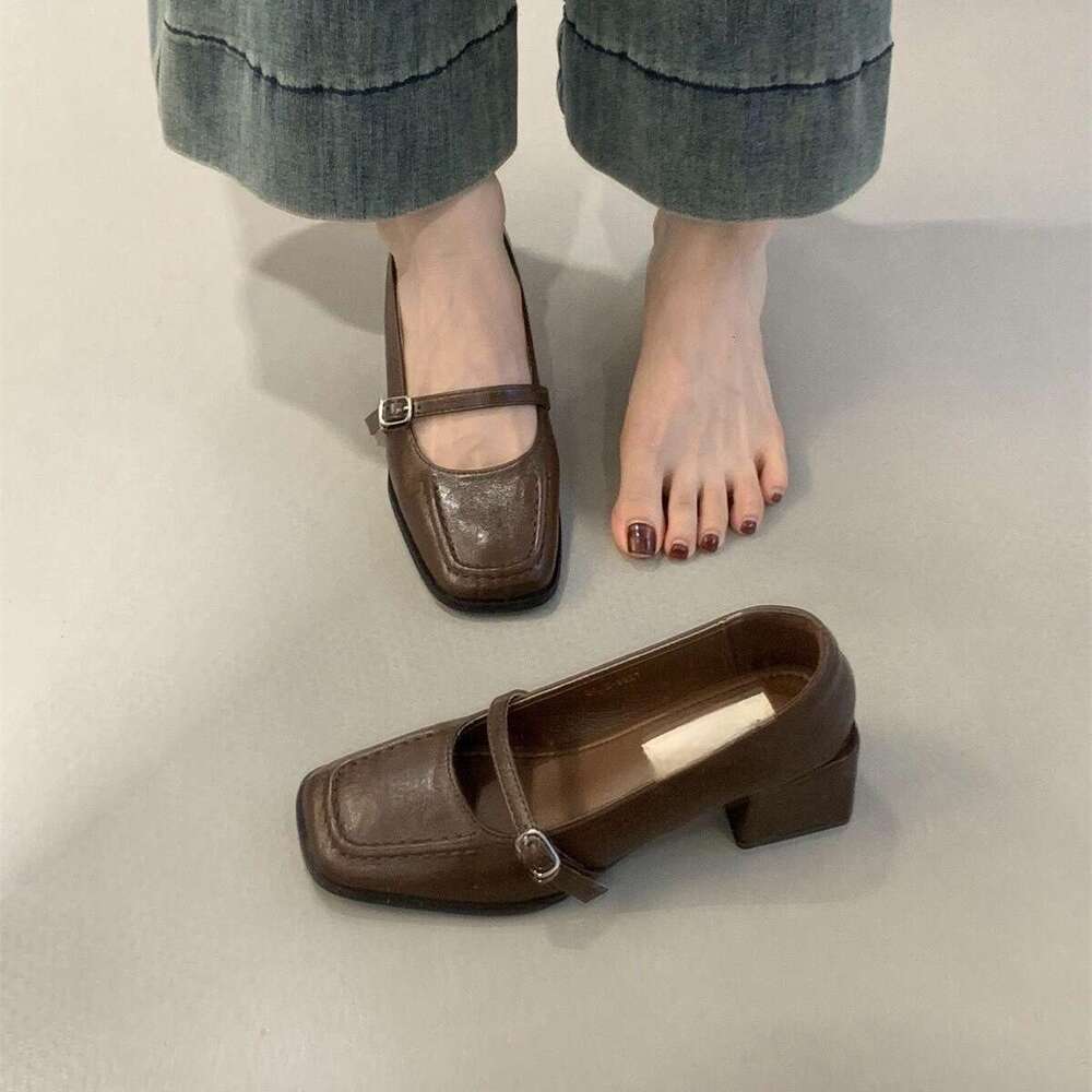 Squ Toe High Heels Shallow Mouth Single for Women Spring and Autumn New French Elegant Evening Style Chunky Heel Mary Jane Leather Shoes