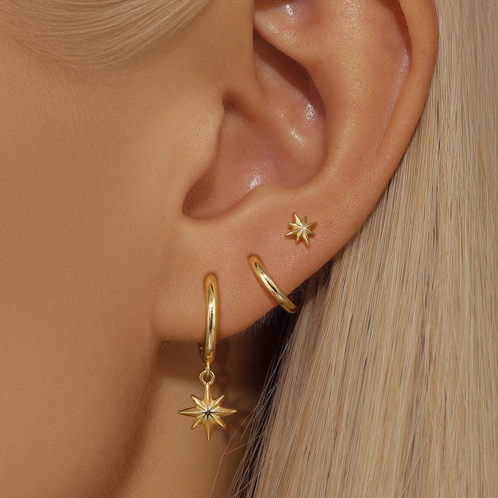 3 Piece Fashion Stainless Steel Round Star Drop Earrings Set for Women 18K Gold Plated Dangle Earring Punk Unisex Rock Jewelry 250904