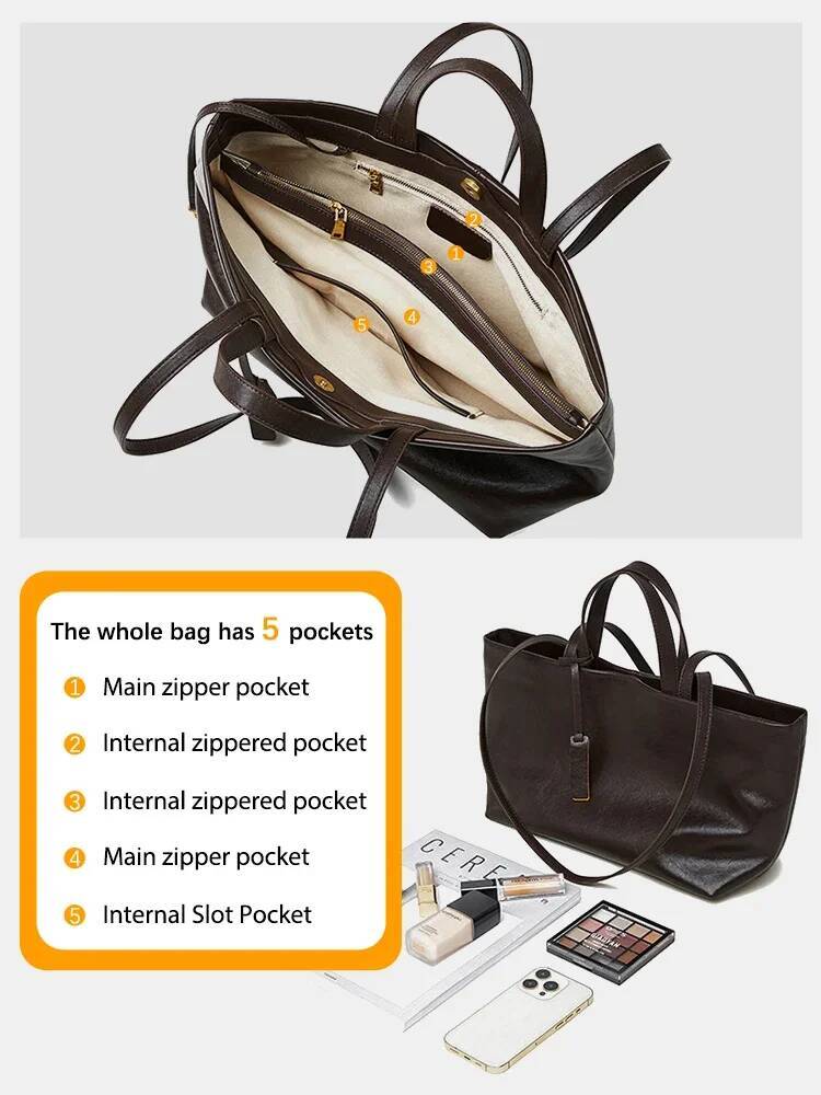 Zency Genuine Leather Women's Single Shoulder Soft Capacity Tote Large Bag 005