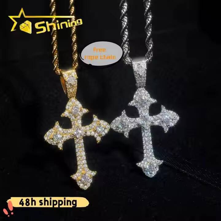 48H Fast Shipping Free Rope Chain Pass Diamond Tester Hip Hop Jewelry 925 Sterling Silver VVS Moissanite Diamond Cross Pendant