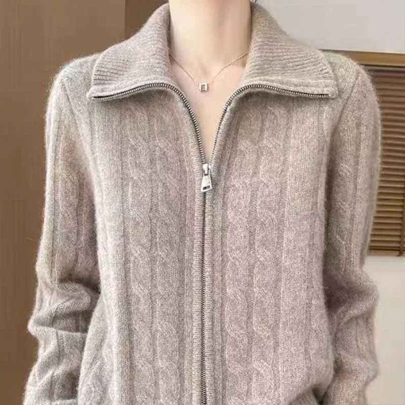 Womens Clothing Vintage Allmatch Double Zipper Cardigan Autumn Winter New Fashion Twisted Flower Long Sleeve Knit Sweater Tops Z250905