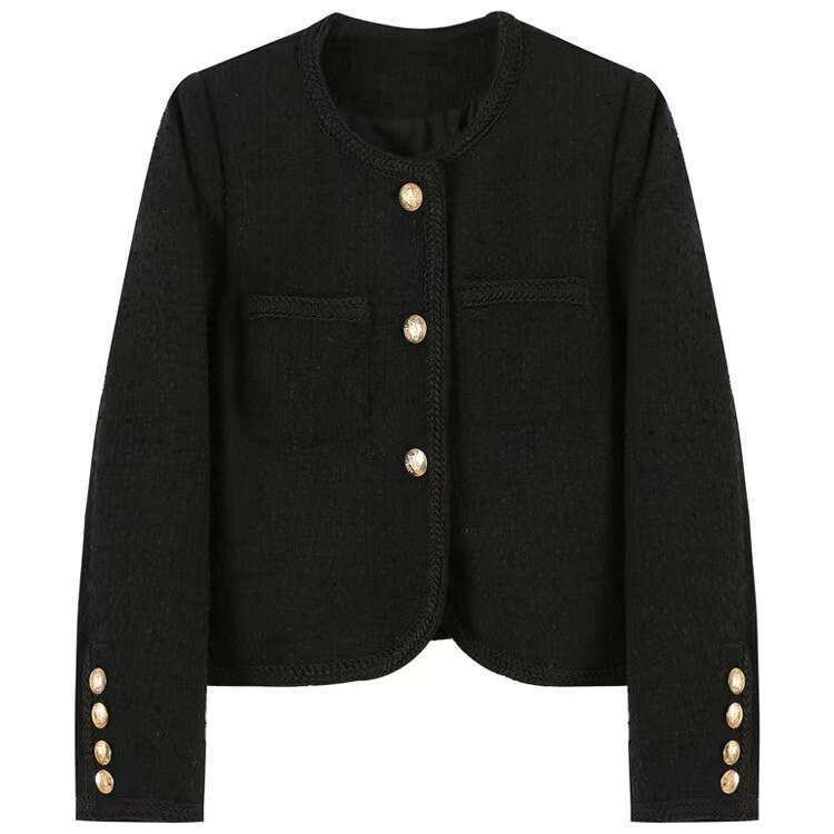 Wool Tweed Spring Outfit Elegant Socialite Style Black And White Metal Button Coat Women's Clothing B5