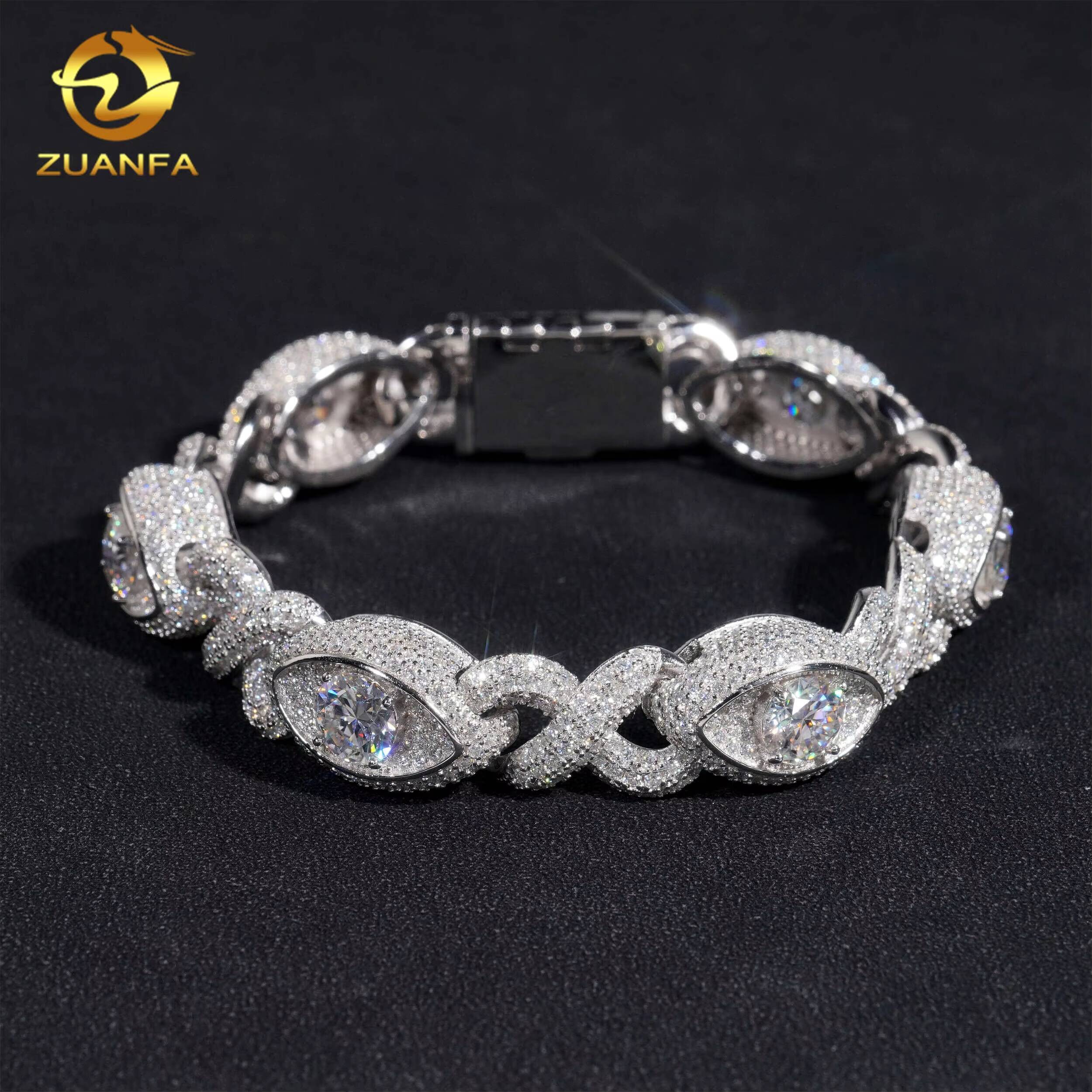 New Trendy Custom 13mm Hip Hop Iced Jewelry 925 Sterling Silver Fully Iced Out VVS1 Moissanite Diamond Evil Eyes Cuban Bracelet