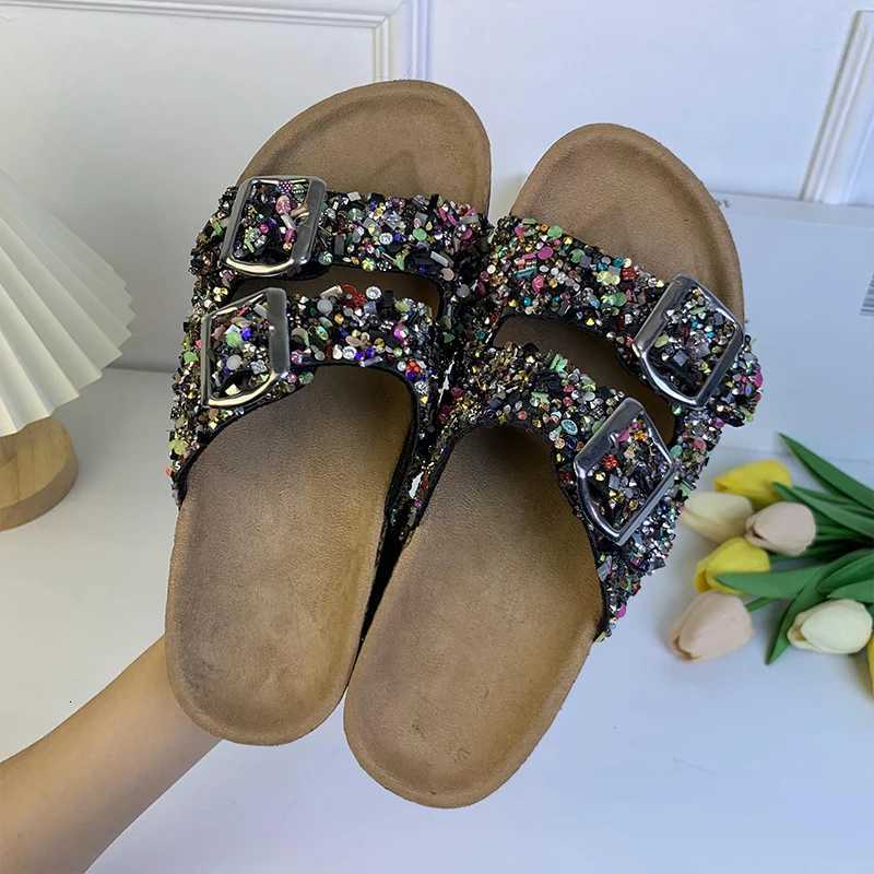 Fashion Imitation WoodGrain Sandals Women Diamond Sequins Double Buckle Womens Flat Slippers Fall and Winter New Shoes W250905