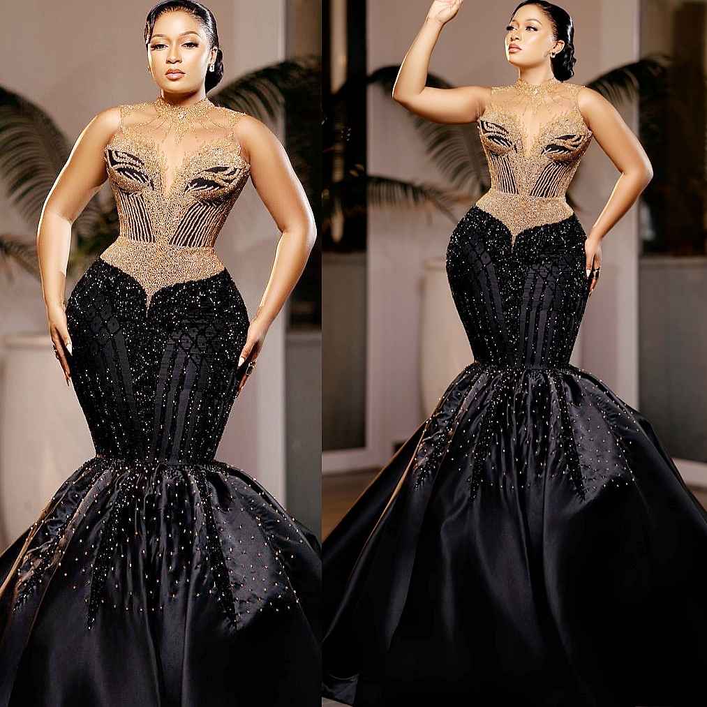 Aso ebi sirène noire robes de bal 2025 Satin perle paillette soirée formelle deuxième robes de fiançailles d'anniversaire plus robe de taille plu