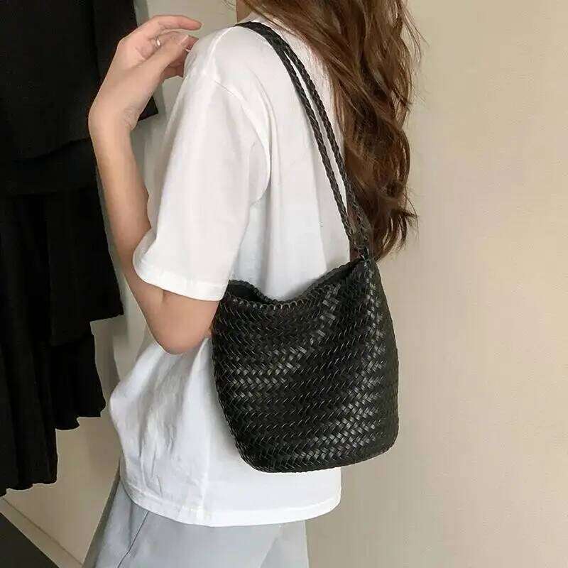 MOTAORA Bucket Bag for Women Crossbody Cowhide Leather Hand Woven Slant Top Handbag with Phone Pocket New Design