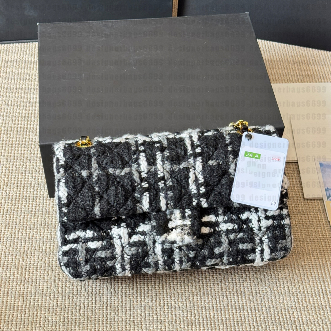 luxury designer bag 24A women Fashion Designer double Flap Bag Tweed Quilted Golden Hardware Matelasse Chain Lovely Shoulder Bags Luxury Crossbody Handbag 26cm