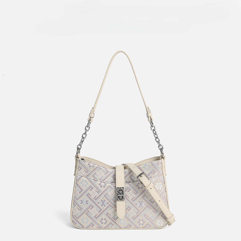 DHEssentials 2025 Spring Ethnic Style Shoulder Bag, PU Leather, Muted White/Purple, Minimalist Crossbody for Women