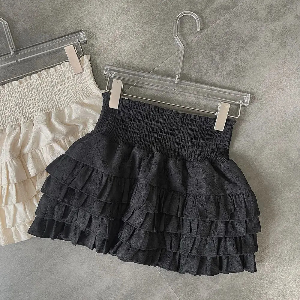 Summer versatile slimming pants skirt womens elastic high waist casual Aline lace mesh cake anti slip lining shorts 250905