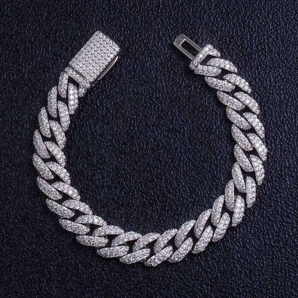 Men's Moissanite Link Chain in 7 8 9 Inch Width 10mm Sterling Sier & Gold Plated Cuban Bracelet Hip Hop Style Gift