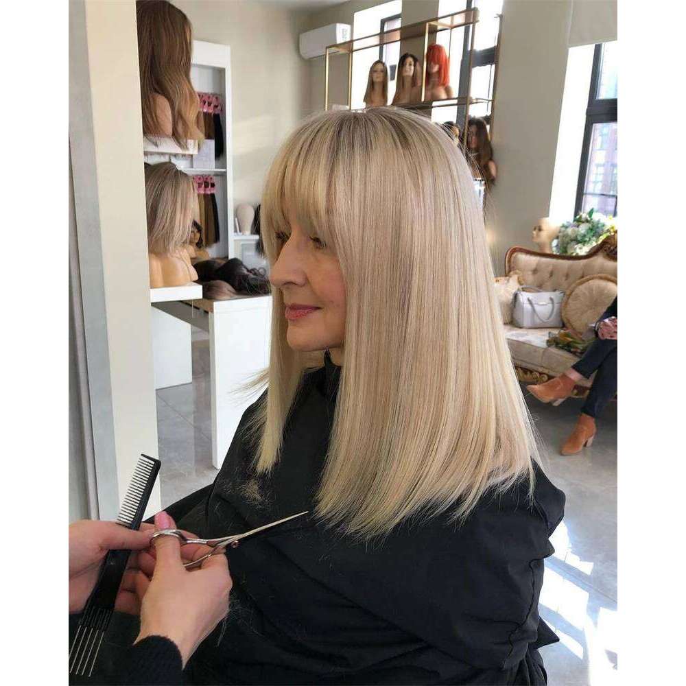 Platinum 13x4 Lace Front with Bangs STraight Dirty Ash Blonde Wigs Natural Roots High Heat Resistant Fibre Fringe Wig