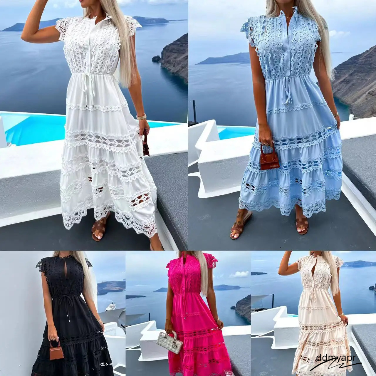 Womens Summer Dress With Lace Hollow Splicing Retro ddmyday Romantic Round Neck Seaside Beach A Lined Spiritual Outfit 240903