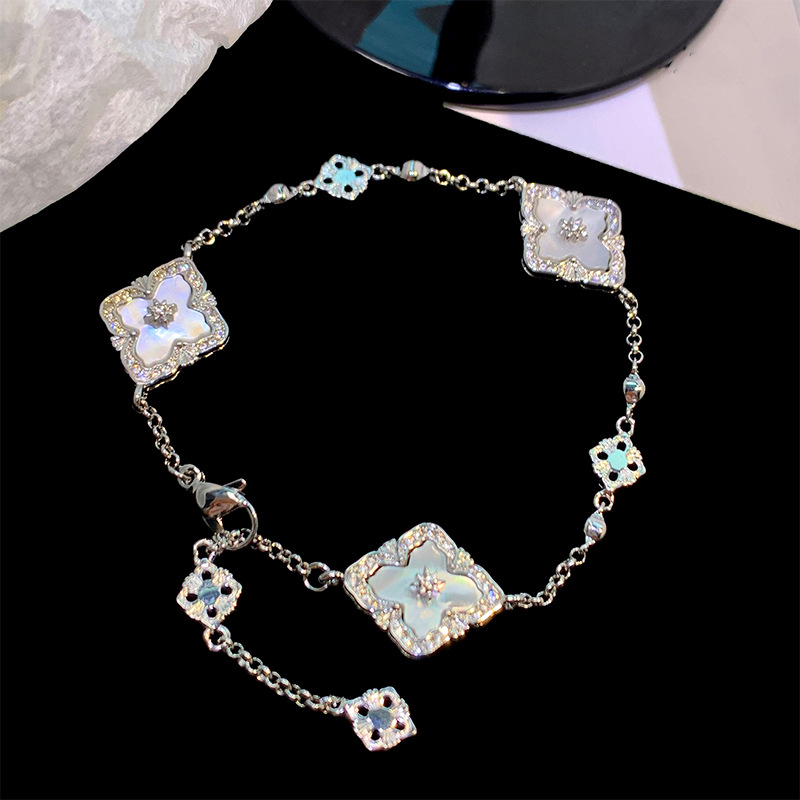 Silver Tone Bracelet With Mother-of-Pearl Four-Leaf Clover Motifs & Crystal Detail Elegant Luxurious Style Daily & Special Occasion Wear Gift For Her 