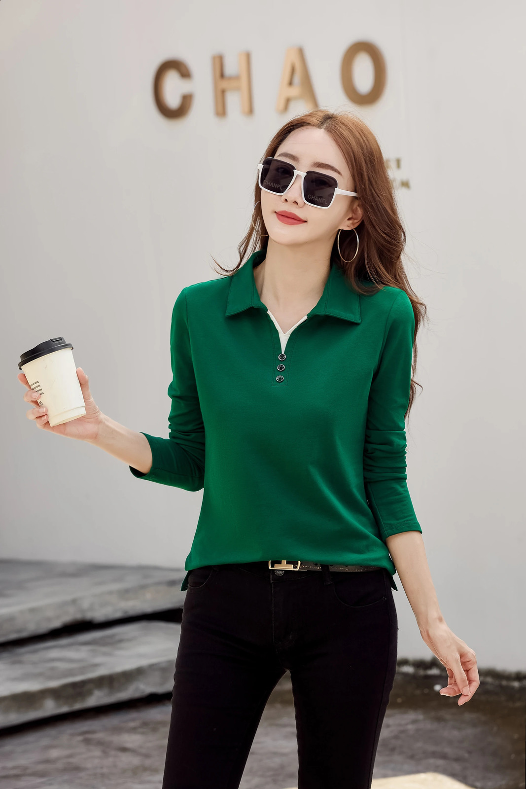 Korean Fashion Autumn Womens Polo Shirt Cotton Long Sleeve TShirt With Button Solid Candy Color Knit High Quality Women 250905