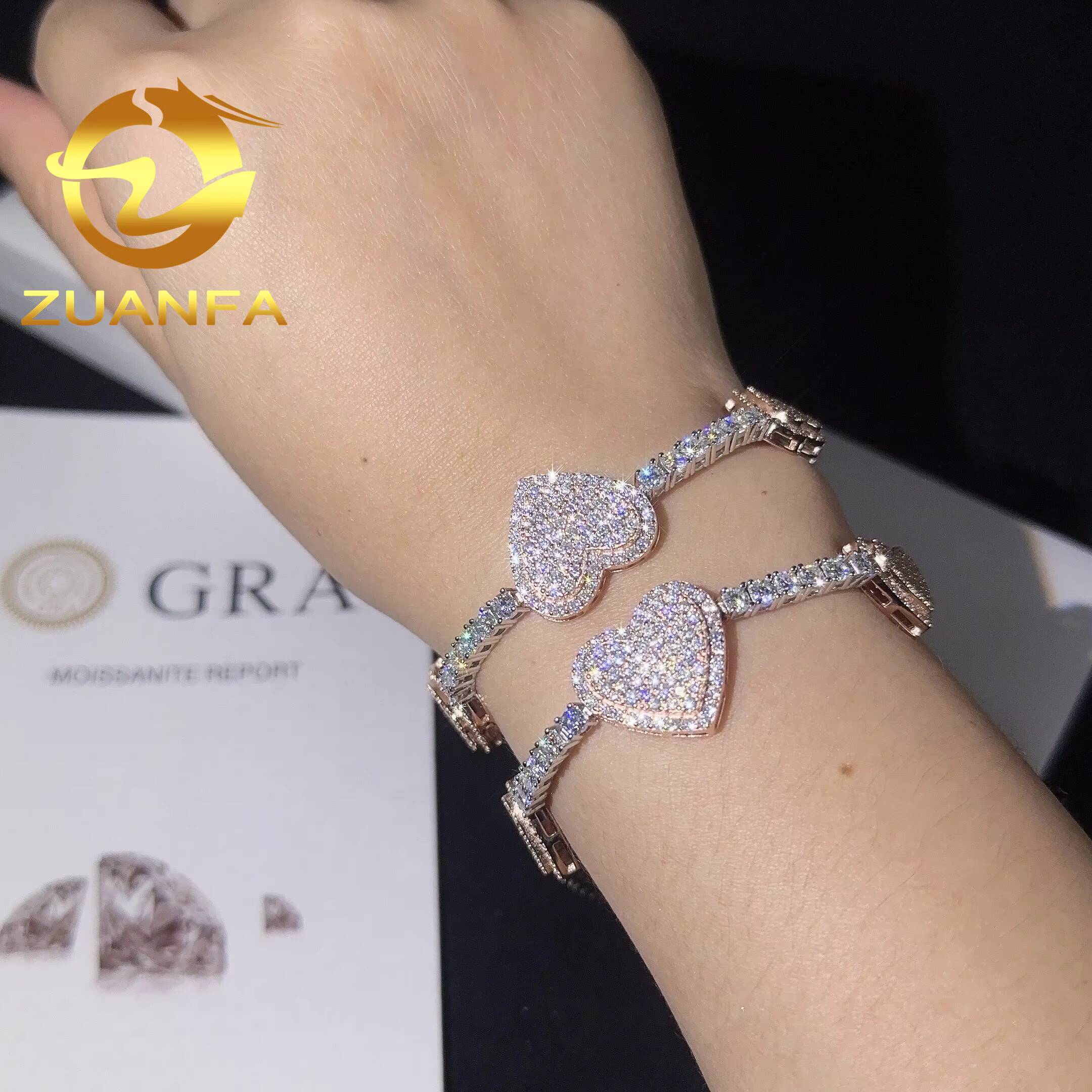 Trendy Rapper Hip Hop Jewelry VVS 3mm Moissanite Tennis Chain Bracelet With 3 Heart Silver 925 Iced Out Bracelet Best Gift