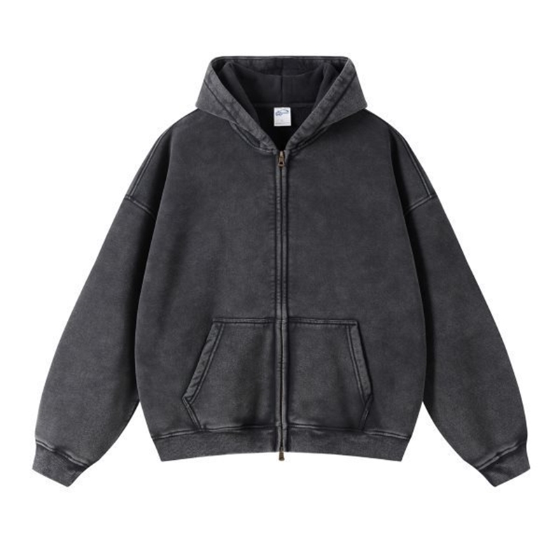 Spring Autumn Fahsion Mens Casual Trendy Loose Solid Color Waxed Hooded Hoodies American Zipper Washed Vintage Coat Male 250904