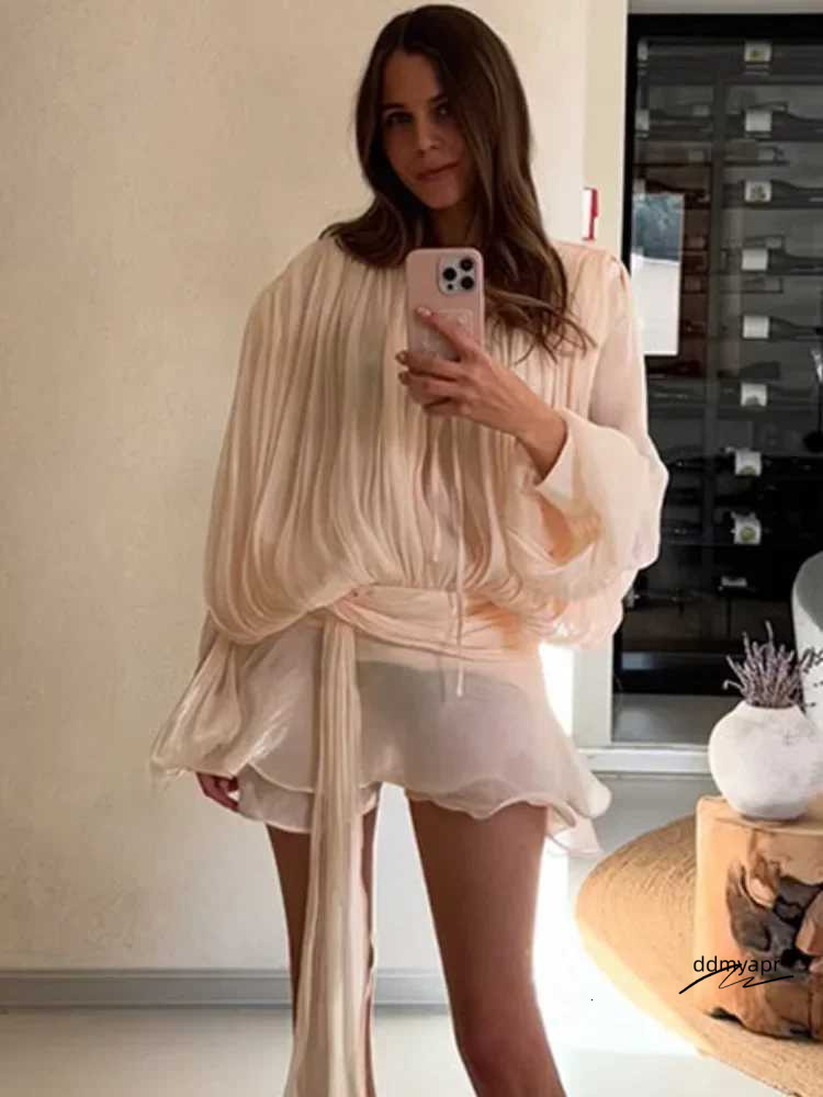 Fashion Mesh Layered Ruffle Dress Womens ddmydec Sexy Long Sleeve Lace Up Bodycon Mini Dresses 2025 Chic Summer Night Club Party Gown Xj250610