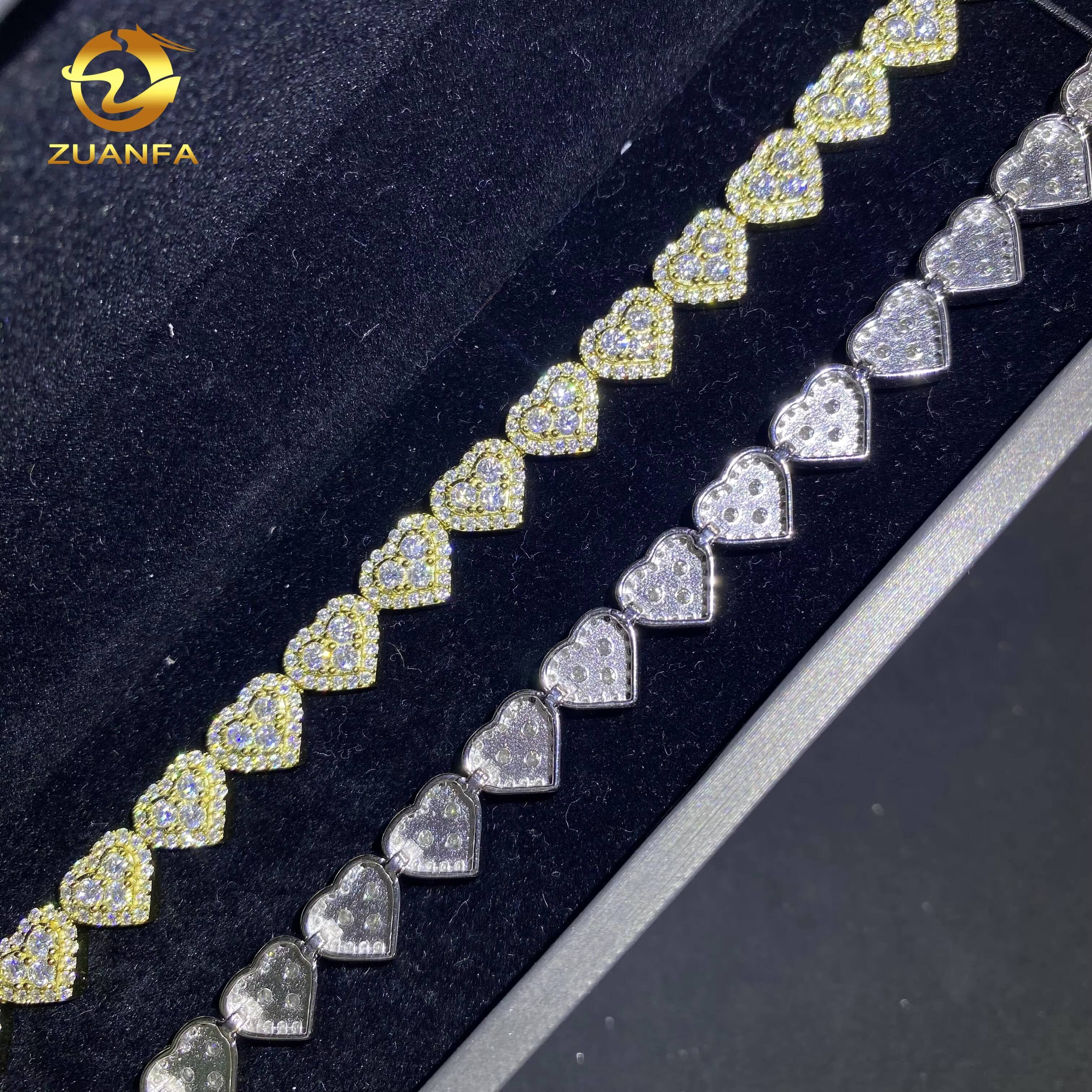 8mm Heart Shape Hip Hop Jewelry Iced Out Diamond Cuban Link Chain 925 Sliver VVS Moissanite Miami Cuban Chain Bracelet