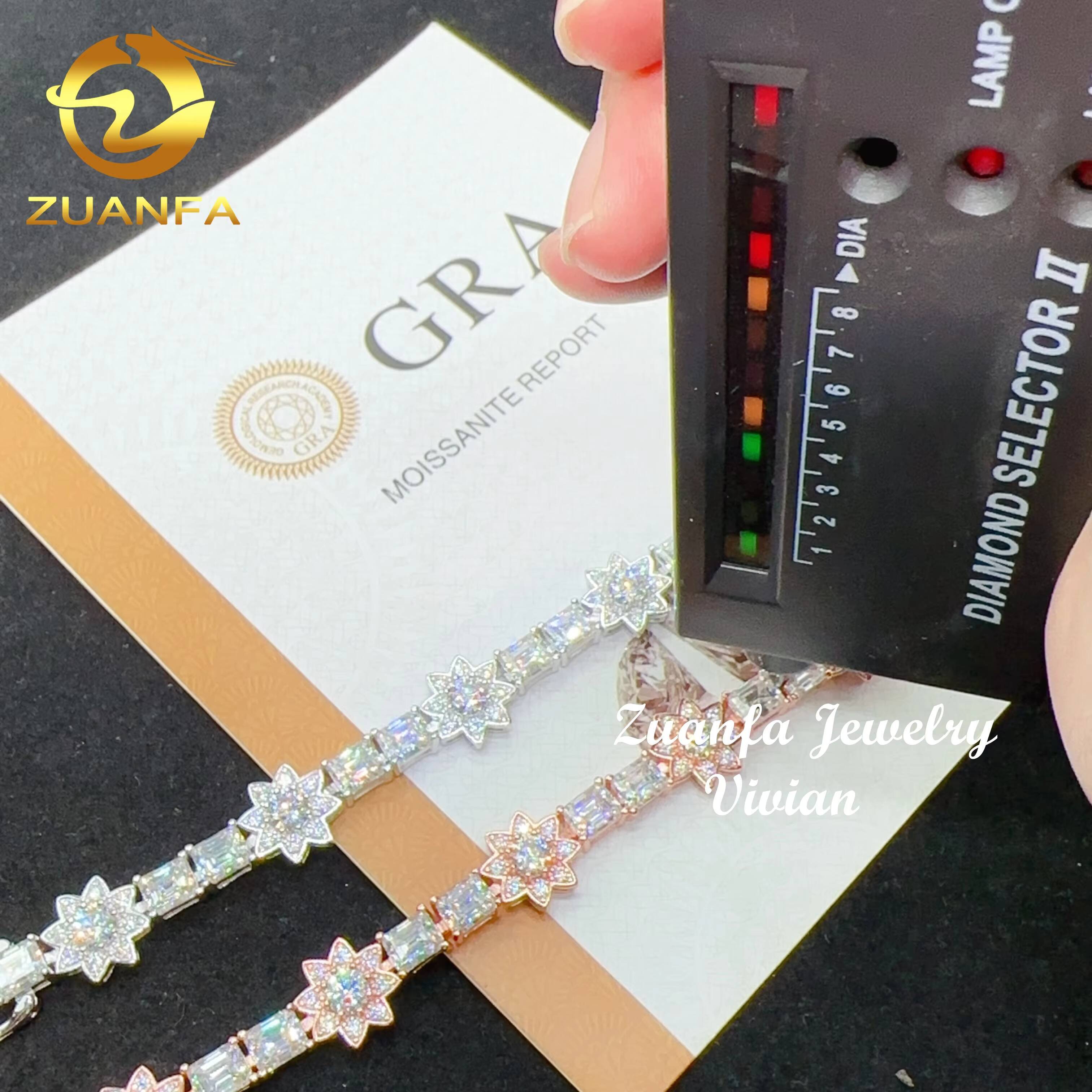 Emerald Cut Lab Diamond Tennis Chain Silver 925 Vvs Moissanite Flower Bracelet Iced Out Hip Hop Jewelry Tennis Bracelet