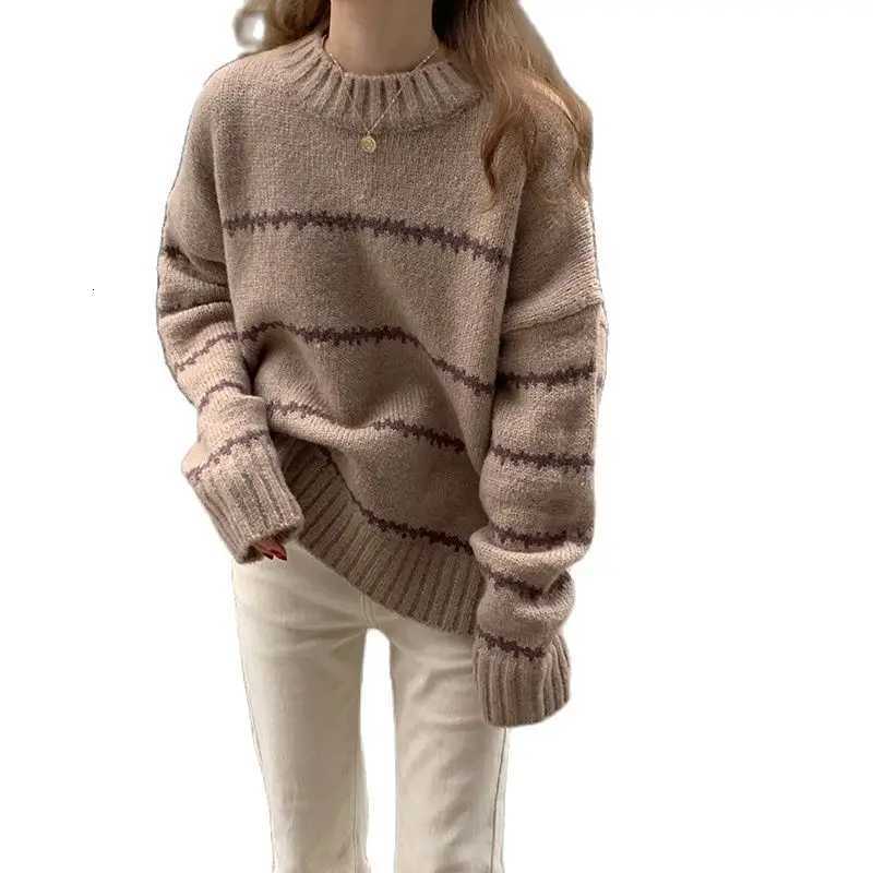 Retro Loose Sweater Womens Long Sleeve Striped Half High Neck Knit 2023 Autumn Winter Thickened Warm Pullover Z250905