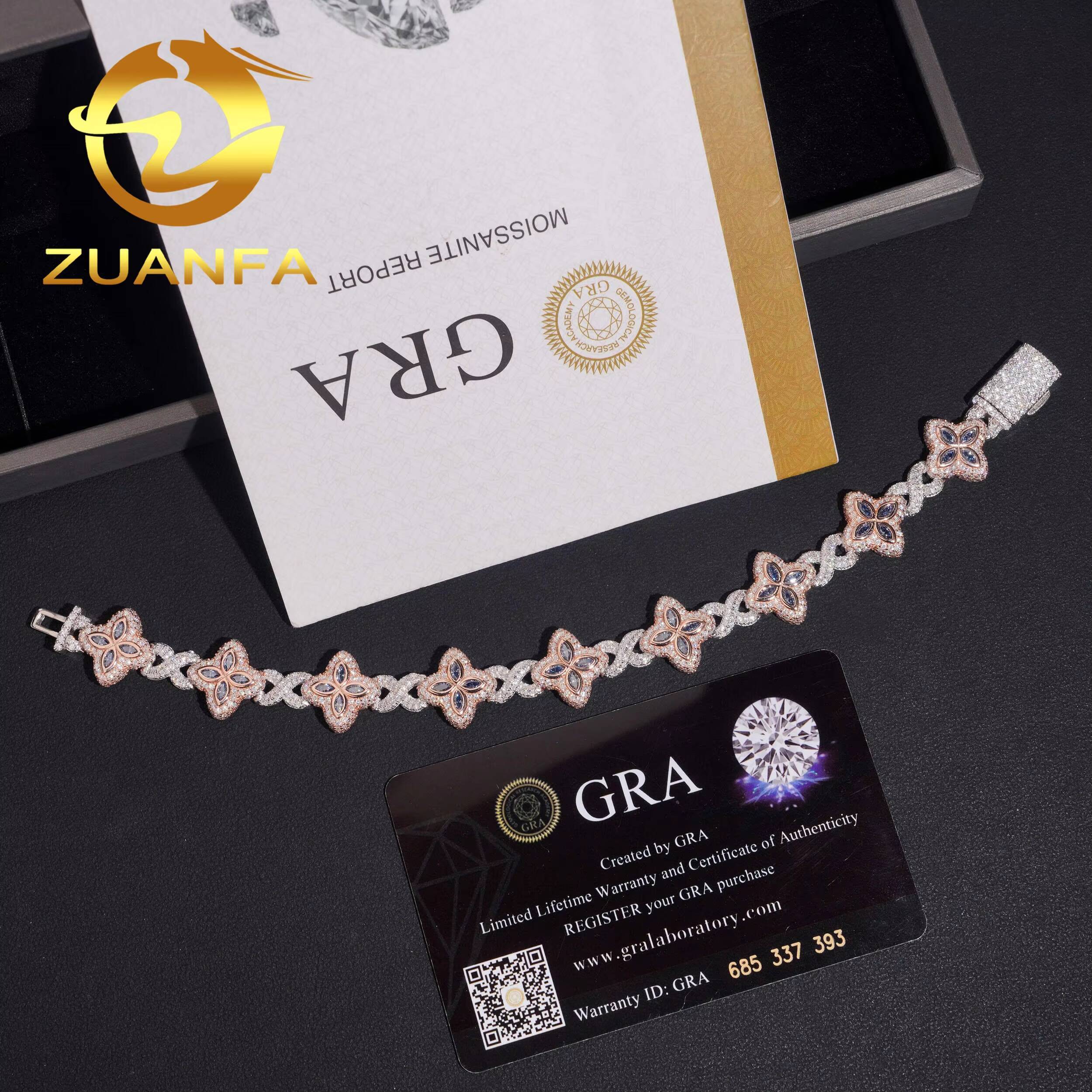 Hot Sale Pass Diamond Tester Hip Hop 15mm Two Tone Clover Flower 925 Silver Moissanite Bracelet