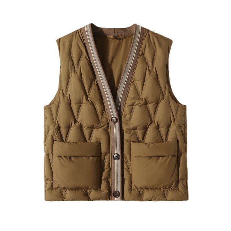 High-End White Melad Style Brown V-Neck Outerwear Inner Wear Duck Down Vest Jacket B5